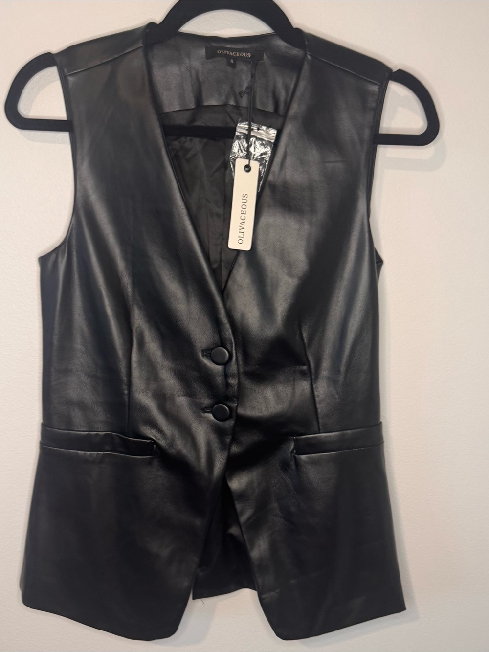 NWT Olivaceous Black Faux Leather Tailored Vest Women’s Small